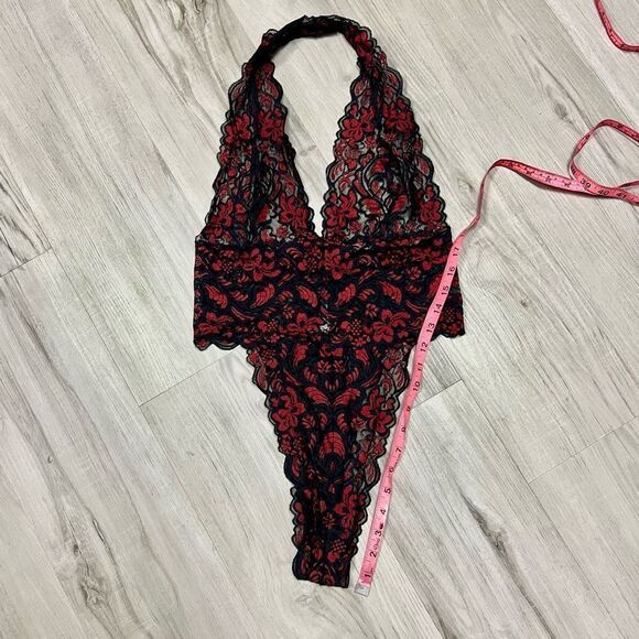 Vintage Y2K Fredericks of Hollywood red black low cut lace teddy sz L stretchy - Picture 6 of 15